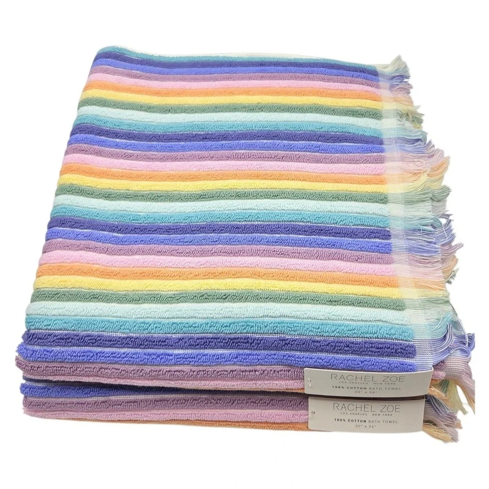 Rachel Zoe 8pc Rainbow Striped Fringe Cotton Towel Set 2 Bath 4Wash 2Hand Multi